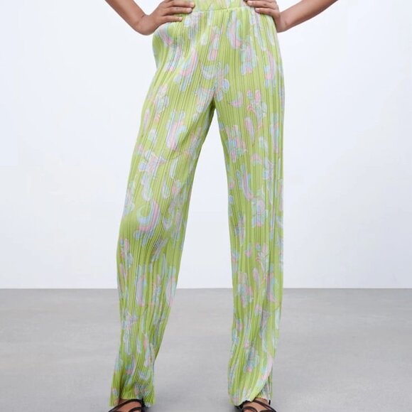 Zara Lime Green Pleated Wide Leg Pant m - Picture 1 of 13